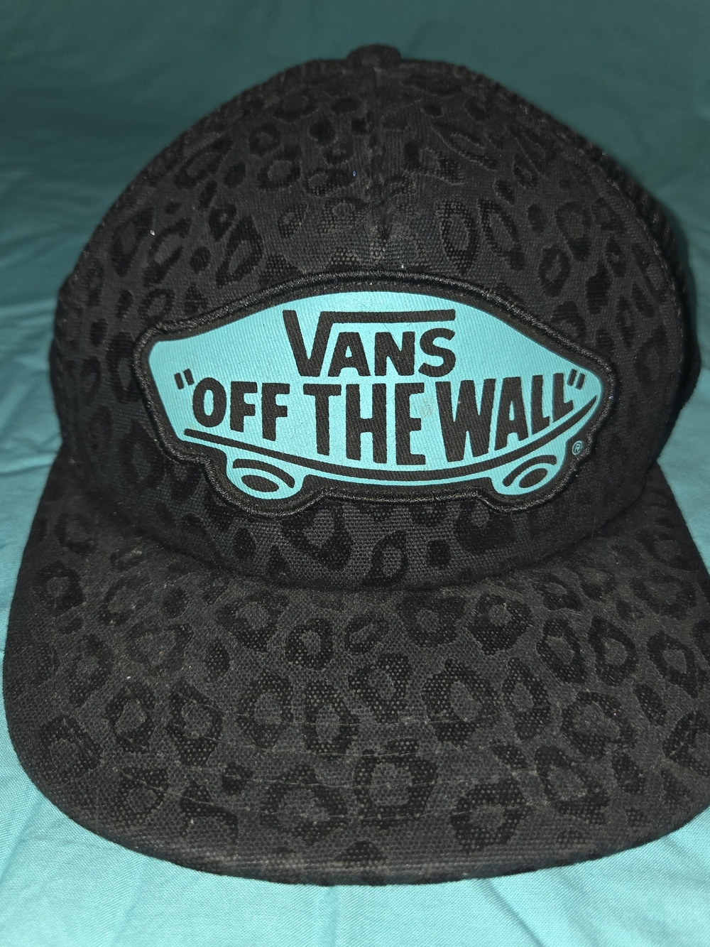 Vans Off The Wall Black Leopard Logo Hat - Turquoise Patch